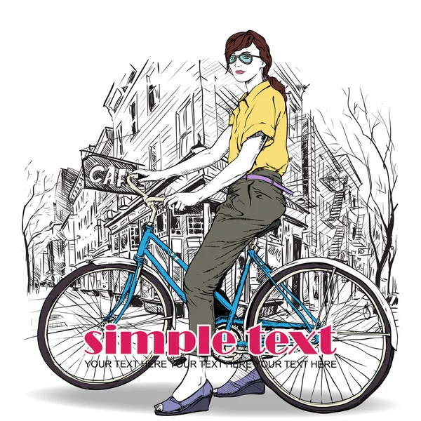 Красивая девушка с велосипедом на фоне уличного кафе. Векторная иллюстрация — стоковый вектор