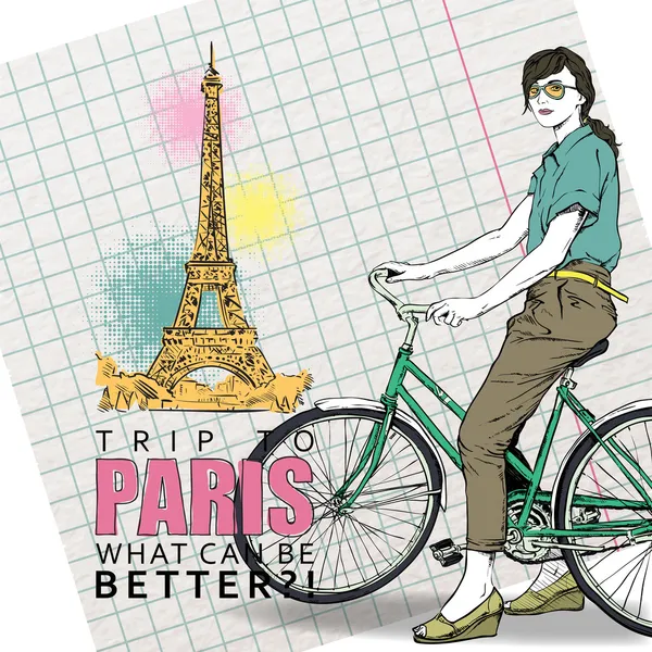 Pretty girl with bicycle on a eiffel tower background. Vector illustration — Stock Vector