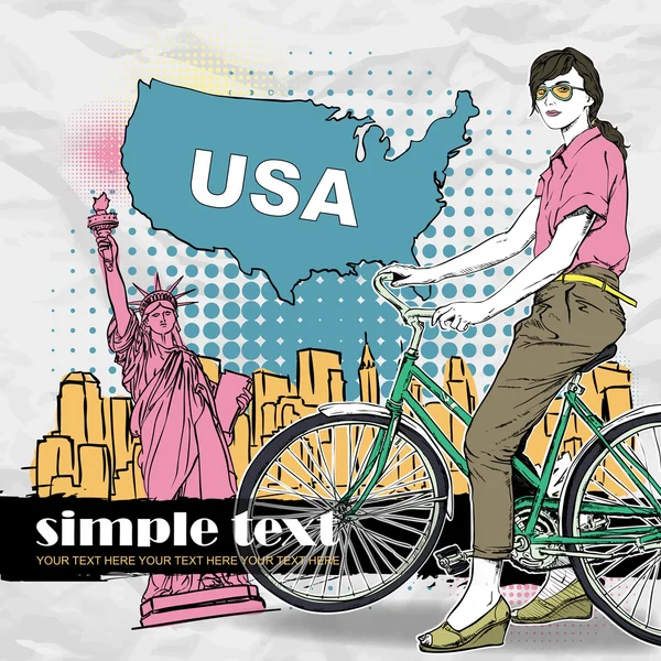 Pretty girl with bicycle on a usa background. Vector illustration — Stock Vector