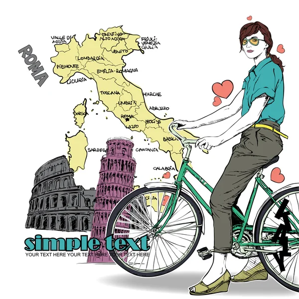 Bella ragazza con la bicicletta su uno sfondo italiano. Illustrazione vettoriale — Vettoriale Stock