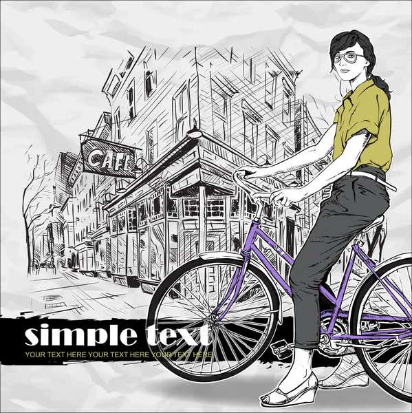 Pretty girl with bicycle on a street background. Vector illustration — Stock Vector