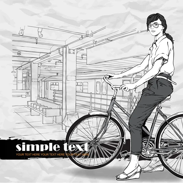 Pretty girl with bicycle on a subway station. Vector illustration — Stock Vector
