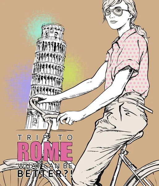 Hübsches Mädchen mit Fahrrad auf einem Pisa-Turm Hintergrund. Vektorillustration — Stockvektor