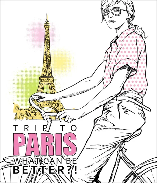 Hübsches Mädchen mit Fahrrad auf Eiffelturmhintergrund. Vektorillustration — Stockvektor