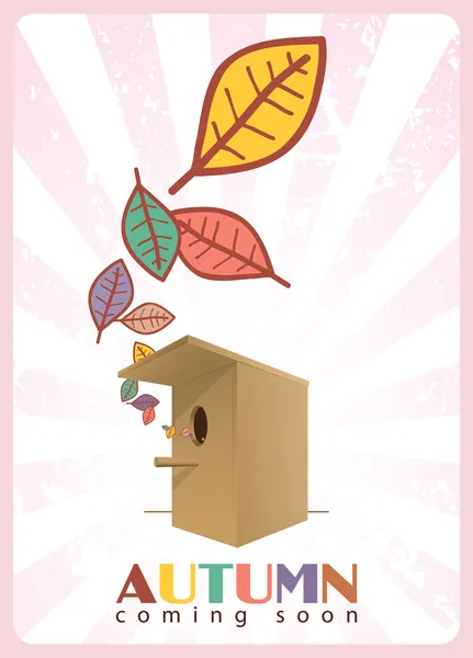 Abstract autumnal vector illustration with birdhouse and leafs. — Stock Vector