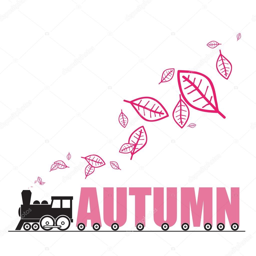 Abstract autumnal vector illustration with locomotive and leafs and letters