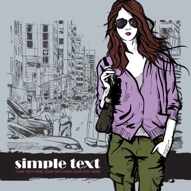 şirin moda kız sokak arka plan üzerinde. çizilmiş vektör çizimi uzat.