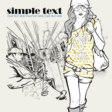 moda güzel kız bir tren. vektör çizim