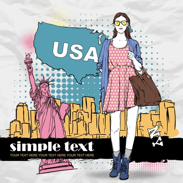 Lovely summer girl in sketch-style on a usa background. - Stok Vektor