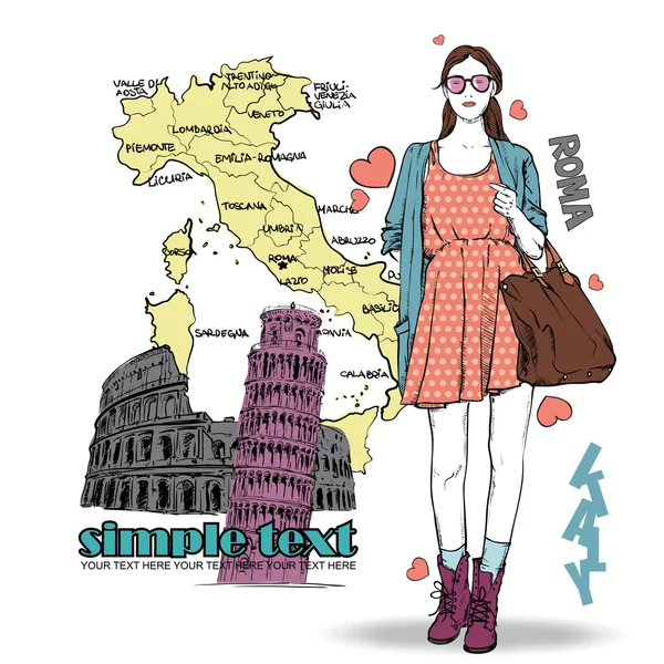 Chica encantadora en estilo de boceto sobre un fondo italiano — Vector de stock