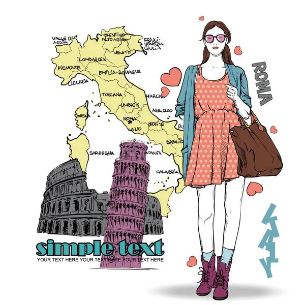 Belle fille dans le style croquis sur un fond italien — Image vectorielle