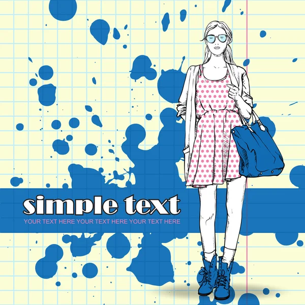 Lovely summer girl in sketch-style on a grunge background. — Stock Vector