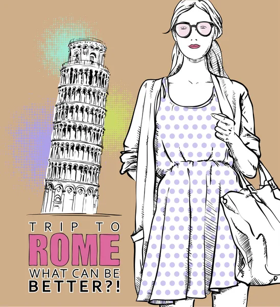 Schönes Sommermädchen im Sketch-Stil auf italienischem Hintergrund — Stockvektor