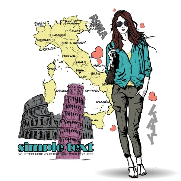 イタリア語の背景についてのスケッチ スタイルで素敵な若い女の子. — ストックベクタ