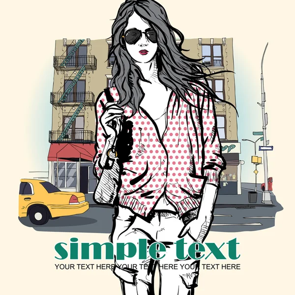 Söt tjej med solglasögon på city-bakgrund. vektor illustration. — Stock vektor