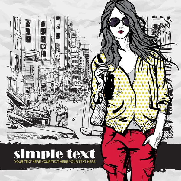 şirin moda kız sokak arka plan üzerinde. çizilmiş vektör çizimi uzat.