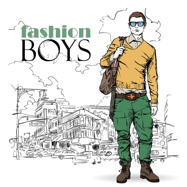 El muchacho de la moda con el bolso y los cristales en el bosquejo-estilo sobre el fondo de la ciudad. Ilustración vectorial . — Archivo Imágenes Vectoriales