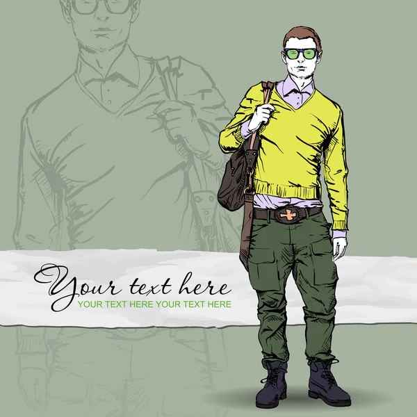 Modejunge im Sketch-Stil auf Grunge-Hintergrund. Vektorillustration. — Stockvektor