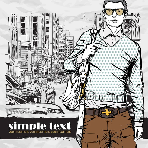 ストリート背景の上にバッグとスタイリッシュな男。ベクトル イラスト. — ストックベクタ