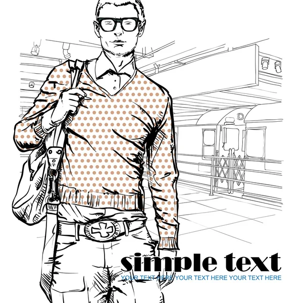 Un mec élégant à la station de métro. Place pour ton texto. Illustration vectorielle — Image vectorielle