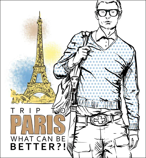 Stylový chlap na pozadí Eiffelova věž. vektorové ilustrace — Stockový vektor