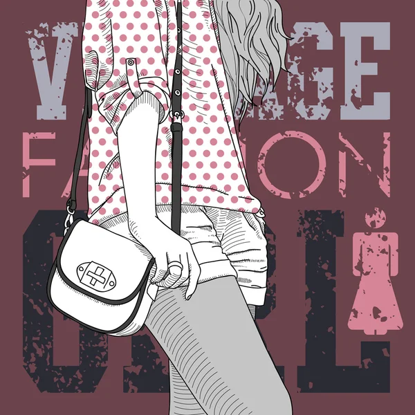 Krásné módní dívka na pozadí grunge. vektorové ilustrace — Stockový vektor