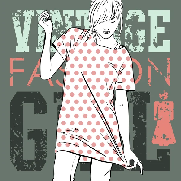 Preciosa chica de la moda en un fondo grunge. Ilustración vectorial — Archivo Imágenes Vectoriales