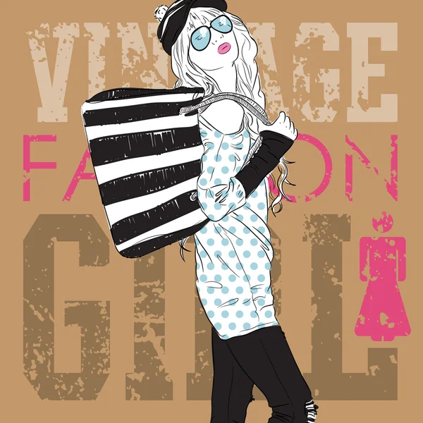 Belle fille de la mode sur un fond grunge. Illustration vectorielle — Image vectorielle