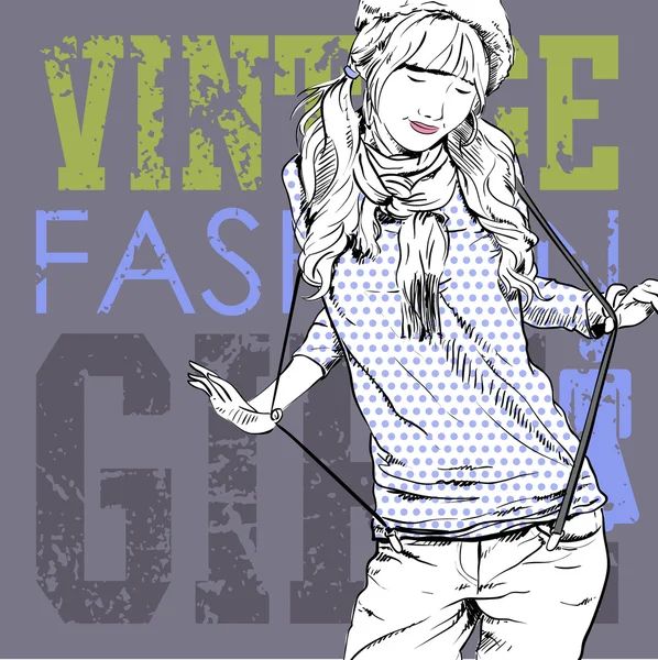 Bella ragazza di moda su uno sfondo grunge. Illustrazione vettoriale — Vettoriale Stock