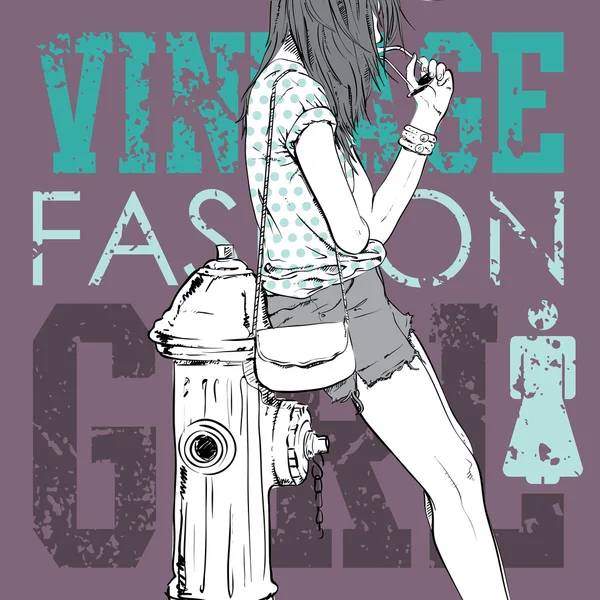 Lovely fashion girl on a grunge background. Vector illustration — Stock Vector