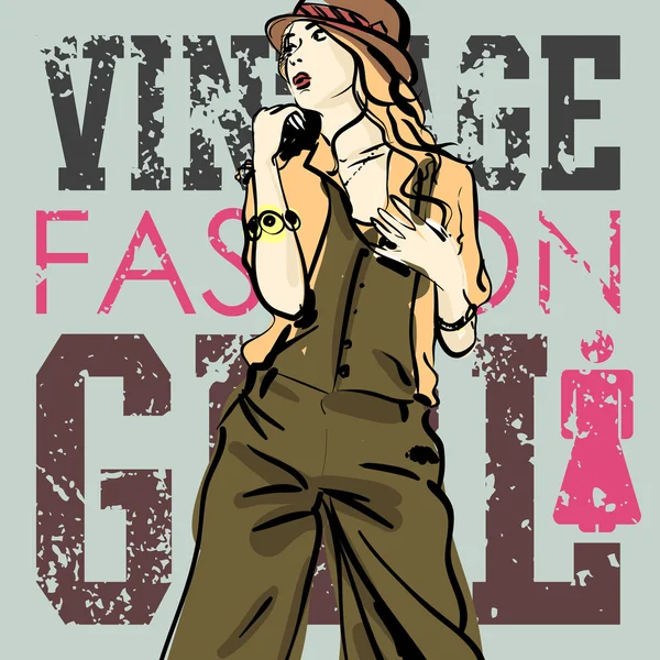 Linda menina da moda em um fundo grunge. Ilustração vetorial — Vetor de Stock