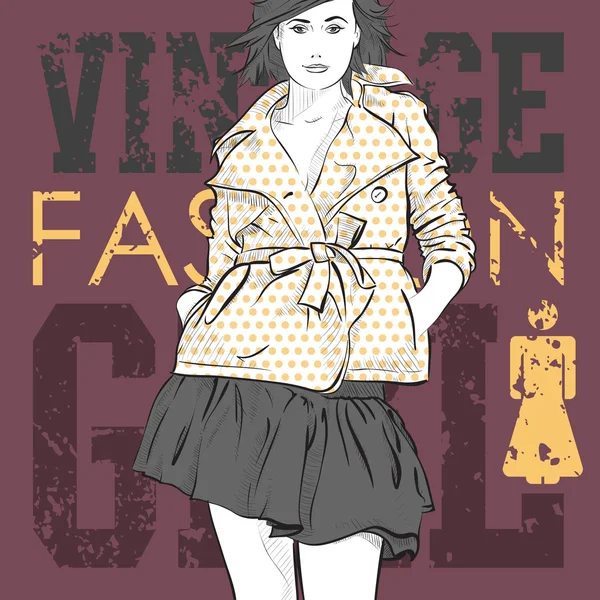 Härlig mode flicka på grunge bakgrund. vektor illustration — Stock vektor