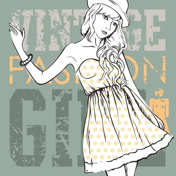 Linda menina da moda em um fundo grunge. Ilustração vetorial — Vetor de Stock