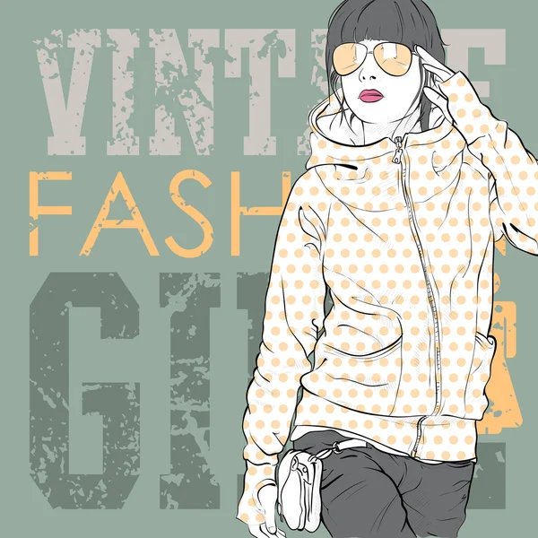 Linda menina da moda em um fundo grunge. Ilustração vetorial — Vetor de Stock