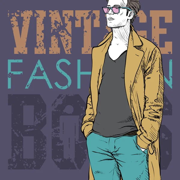 Stijlvolle dude met zak op een grunge achtergrond. vectorillustratie. — Stockvector