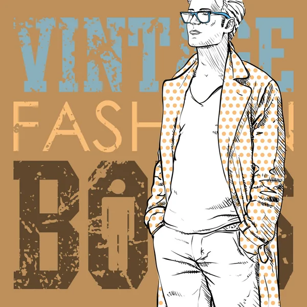 Stijlvolle dude met zak op een grunge achtergrond. vectorillustratie. — Stockvector