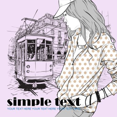 eski tramvay ve kız moda vektörel çizimi.