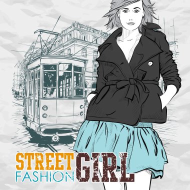 eski tramvay ve kız moda vektörel çizimi.