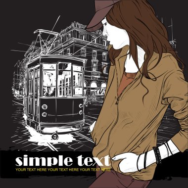 eski tramvay ve kız moda vektörel çizimi.