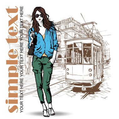 eski tramvay ve kız moda vektörel çizimi.