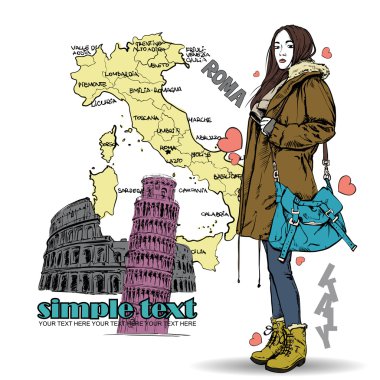 Kroki tarzı bir İtalyan arka planda çok güzel sonbahar kız. vektör çizim