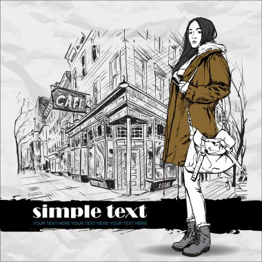 Kroki tarzı bir cadde kafe arka planda çok güzel sonbahar kız. vektör çizim