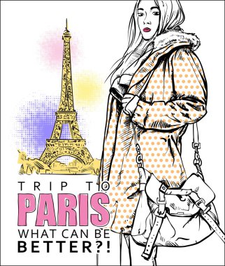 Kroki tarzı bir Eyfel Kulesi arka planda çok güzel sonbahar kız. vektör çizim