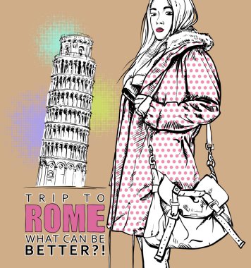 Kroki tarzı bir İtalyan arka planda çok güzel sonbahar kız. vektör çizim