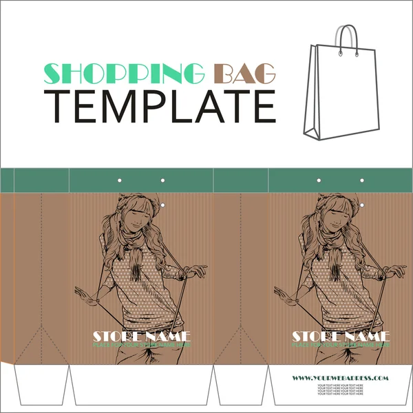 Template for paper shopping bag with girl character. Place for your info. — Stock Vector