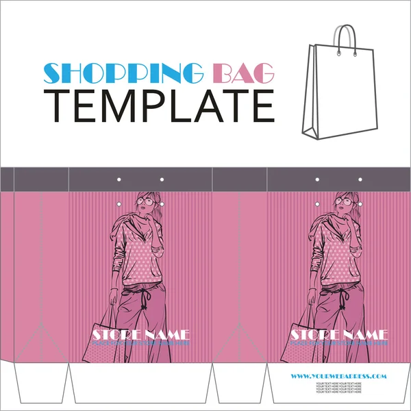 Template for paper shopping bag with girl character. Place for your info. — Stock Vector