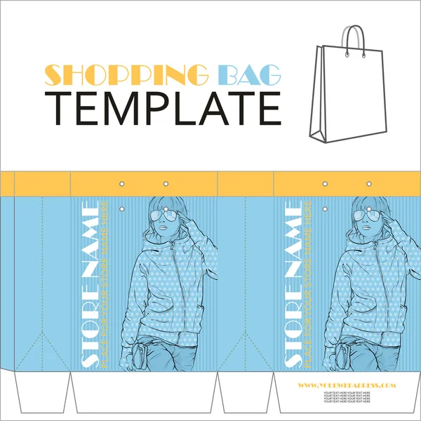 Template for paper shopping bag with girl character. Place for your info. — Stock Vector