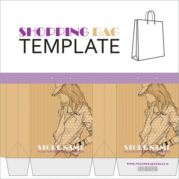 Template for paper shopping bag with girl character. Place for your info. — Stock Vector