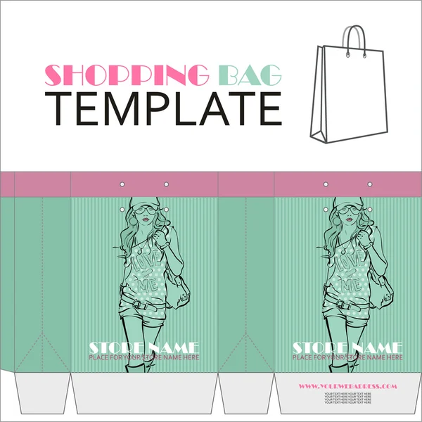 Template for paper shopping bag with girl character. Place for your info. — Stock Vector