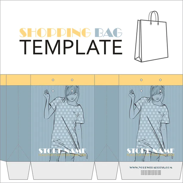 Template for paper shopping bag with girl character. Place for your info. — Stock Vector